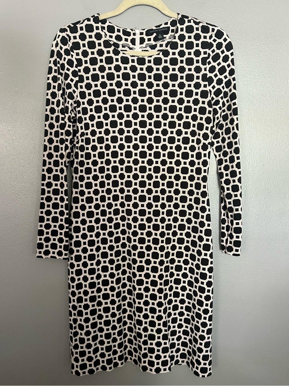 Banana Republic Black Cream Mosaic Silk Blend Long Sleeve Dress Women’s Size 8